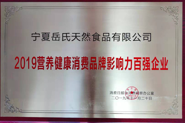 熱烈祝賀寧夏岳氏天然食品有限公司榮獲“2019營養(yǎng)健康消費品牌影響力百強(qiáng)企業(yè)”稱號